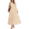 MEROKEETY Winter Spring Midi Dresses for Women 2026 Casual Vacation Long Sleeve V Neck Tiered Cotton Maxi Dress Pockets(Beige)