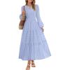 MEROKEETY Winter Spring Midi Dresses for Women 2026 Casual Vacation Long Sleeve V Neck Tiered Cotton Maxi Dress Pockets(Blue)