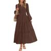 MEROKEETY Winter Spring Midi Dresses for Women 2026 Casual Vacation Long Sleeve V Neck Tiered Cotton Maxi Dress Pockets(Chocolatebrown)