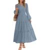 MEROKEETY Winter Spring Midi Dresses for Women 2026 Casual Vacation Long Sleeve V Neck Tiered Cotton Maxi Dress Pockets(Dustyblue)