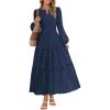 MEROKEETY Winter Spring Midi Dresses for Women 2026 Casual Vacation Long Sleeve V Neck Tiered Cotton Maxi Dress Pockets(Navy)