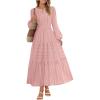 MEROKEETY Winter Spring Midi Dresses for Women 2026 Casual Vacation Long Sleeve V Neck Tiered Cotton Maxi Dress Pockets(Pink)