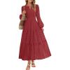 MEROKEETY Winter Spring Midi Dresses for Women 2026 Casual Vacation Long Sleeve V Neck Tiered Cotton Maxi Dress Pockets(Red)