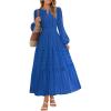 MEROKEETY Winter Spring Midi Dresses for Women 2026 Casual Vacation Long Sleeve V Neck Tiered Cotton Maxi Dress Pockets(Royalblue)