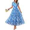 MEROKEETY Women’ Summer Floral Maxi Dress 2026 Spring Mesh Short Sleeve Flowy Wedding Guest Beach Long Dresses(Blue)