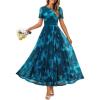MEROKEETY Women’ Summer Floral Maxi Dress 2026 Spring Mesh Short Sleeve Flowy Wedding Guest Beach Long Dresses(Teal)