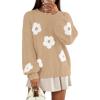 MEROKEETY Women’s 2025 Fall Floral Sweater Cute Long Lantern Sleeve Crewneck Knit Pullover Tops(Khaki)