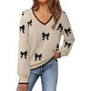 MEROKEETY Women’s 2025 Fall Long Sleeve Sweater V Neck Winter Tops Casual Lightweight Knit Pullover Shirts(Bow Apricot)