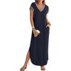 MEROKEETY Women’s 2025 Spring Summer Maxi Dress Casual V Neck Split Beach Vacation Loose Long Dresses(Navy)
