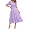 MEROKEETY Women’s 2025 Summer Puff Sleeve Smocked Floral Dress Crewneck Lace Flowy Tiered Midi Dresses(Light Purple)