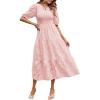 MEROKEETY Women’s 2025 Summer Puff Sleeve Smocked Floral Dress Crewneck Lace Flowy Tiered Midi Dresses(Pink)