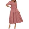 MEROKEETY Women’s 2025 Summer Puff Sleeve Smocked Floral Dress Crewneck Lace Flowy Tiered Midi Dresses(Tea Rose)