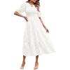 MEROKEETY Women’s 2025 Summer Puff Sleeve Smocked Floral Dress Crewneck Lace Flowy Tiered Midi Dresses(White)