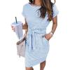 MEROKEETY Women’s 2026 Summer Casual Dress Short Sleeve Crewneck Striped Tie Waist Work Trendy T Shirt Dresses(Blue)