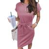 MEROKEETY Women’s 2026 Summer Casual Dress Short Sleeve Crewneck Striped Tie Waist Work Trendy T Shirt Dresses(Solid Pink)