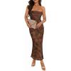 MEROKEETY Women’s 2026 Summer Floral Strapless Dress Bodycon Tube Slit Mesh Wedding Guest Cocktail Party Maxi Dresses(Brown)