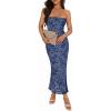 MEROKEETY Women’s 2026 Summer Floral Strapless Dress Bodycon Tube Slit Mesh Wedding Guest Cocktail Party Maxi Dresses(Dusty Blue)