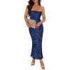 MEROKEETY Women’s 2026 Summer Floral Strapless Dress Bodycon Tube Slit Mesh Wedding Guest Cocktail Party Maxi Dresses(Navy)