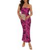 MEROKEETY Women’s 2026 Summer Floral Strapless Dress Bodycon Tube Slit Mesh Wedding Guest Cocktail Party Maxi Dresses(Rose)