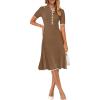 MEROKEETY Women’s 2026 Summer V Neck Ribbed Midi Dress Short Sleeve Button Elegant Bodycon Knit Sweater Dresses(Coffee)