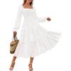 MEROKEETY Women’s Fall Long Sleeve Floral Midi Dress Smocked Ruffle Tiered Square Neck Wedding Guest Dresses Pockets(White)