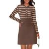MEROKEETY Women’s Long Sleeve Striped Sweater Dress Button Crewneck Fall Bodycon Formal Mini Dresses(Coffee)