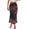 MEROKEETY Women’s Summer Floral Mesh Midi Skirt 2026 Casual Trendy High Waist Ruched Boho Skirts(Blackrose)