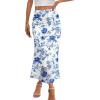 MEROKEETY Women’s Summer Floral Mesh Midi Skirt 2026 Casual Trendy High Waist Ruched Boho Skirts(Blue)