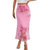 MEROKEETY Women’s Summer Floral Mesh Midi Skirt 2026 Casual Trendy High Waist Ruched Boho Skirts(Pink)