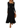 MEROKEETY Women’s Sweater Dress 2025 Fall Winter Casual Long Sleeve Square Neck Pleated Church Work Knit Midi Dresses(Black)