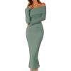 MEROKEETY Women’s Winter Off Shoulder Bodycon Sweater Dress 2026 Spring Formal Long Sleeve Elegant Club Party Midi Dresses(Dustygreen)