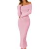 MEROKEETY Women’s Winter Off Shoulder Bodycon Sweater Dress 2026 Spring Formal Long Sleeve Elegant Club Party Midi Dresses(Lightpink)