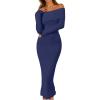 MEROKEETY Women’s Winter Off Shoulder Bodycon Sweater Dress 2026 Spring Formal Long Sleeve Elegant Club Party Midi Dresses(Navy)