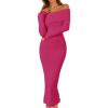 MEROKEETY Women’s Winter Off Shoulder Bodycon Sweater Dress 2026 Spring Formal Long Sleeve Elegant Club Party Midi Dresses(Rosepink)