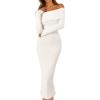 MEROKEETY Women’s Winter Off Shoulder Bodycon Sweater Dress 2026 Spring Formal Long Sleeve Elegant Club Party Midi Dresses(White)