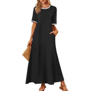 MEROKEETY Summer Spring Maxi Dresses for Women 2026 Beach Vacation Casual Short Sleeve Long T Shirt Sundress with Pockets(Blackcombo)