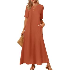 MEROKEETY Summer Spring Maxi Dresses for Women 2026 Beach Vacation Casual Short Sleeve Long T Shirt Sundress with Pockets(Caramel)