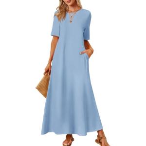 MEROKEETY Summer Spring Maxi Dresses for Women 2026 Beach Vacation Casual Short Sleeve Long T Shirt Sundress with Pockets(Dustyblue)