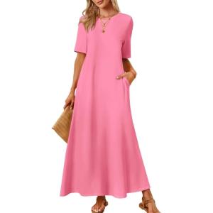 MEROKEETY Summer Spring Maxi Dresses for Women 2026 Beach Vacation Casual Short Sleeve Long T Shirt Sundress with Pockets(Dustypink)