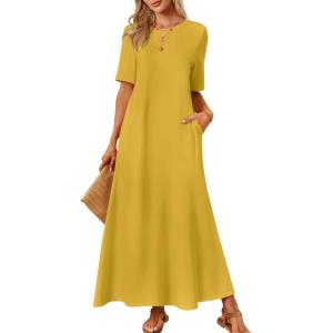 MEROKEETY Summer Spring Maxi Dresses for Women 2026 Beach Vacation Casual Short Sleeve Long T Shirt Sundress with Pockets(Ginger)