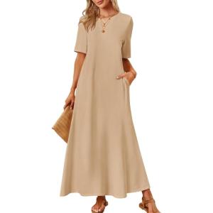 MEROKEETY Summer Spring Maxi Dresses for Women 2026 Beach Vacation Casual Short Sleeve Long T Shirt Sundress with Pockets(Khaki)