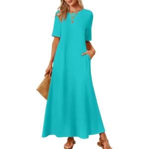 MEROKEETY Summer Spring Maxi Dresses for Women 2026 Beach Vacation Casual Short Sleeve Long T Shirt Sundress with Pockets(Lakegreen)