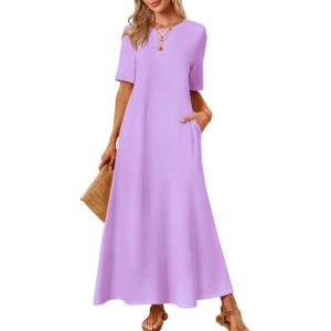 MEROKEETY Summer Spring Maxi Dresses for Women 2026 Beach Vacation Casual Short Sleeve Long T Shirt Sundress with Pockets(Lavender)