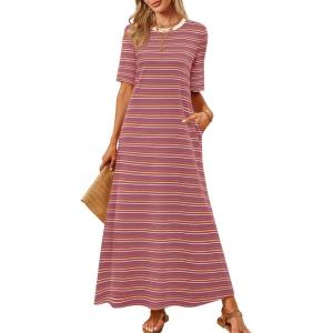 MEROKEETY Summer Spring Maxi Dresses for Women 2026 Beach Vacation Casual Short Sleeve Long T Shirt Sundress with Pockets(Multicolor)