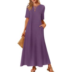 MEROKEETY Summer Spring Maxi Dresses for Women 2026 Beach Vacation Casual Short Sleeve Long T Shirt Sundress with Pockets(Purple)