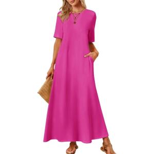 MEROKEETY Summer Spring Maxi Dresses for Women 2026 Beach Vacation Casual Short Sleeve Long T Shirt Sundress with Pockets(Rose)
