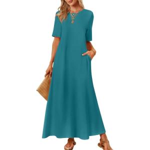 MEROKEETY Summer Spring Maxi Dresses for Women 2026 Beach Vacation Casual Short Sleeve Long T Shirt Sundress with Pockets(Teal)