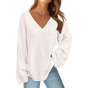 MEROKEETY Sweaters for Women Fall 2026 V Neck Oversized Cozy Chunky Knit Long Sleeve Fuzzy Fleece Pullover Winter Outfits(Beige)