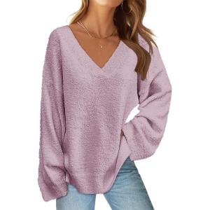 MEROKEETY Sweaters for Women Fall 2026 V Neck Oversized Cozy Chunky Knit Long Sleeve Fuzzy Fleece Pullover Winter Outfits(Taro)