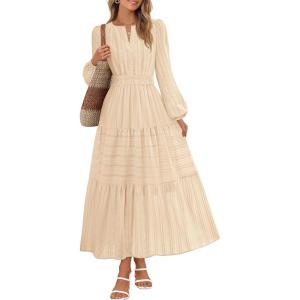 MEROKEETY Winter Spring Midi Dresses for Women 2026 Casual Vacation Long Sleeve V Neck Tiered Cotton Maxi Dress Pockets(Beige)